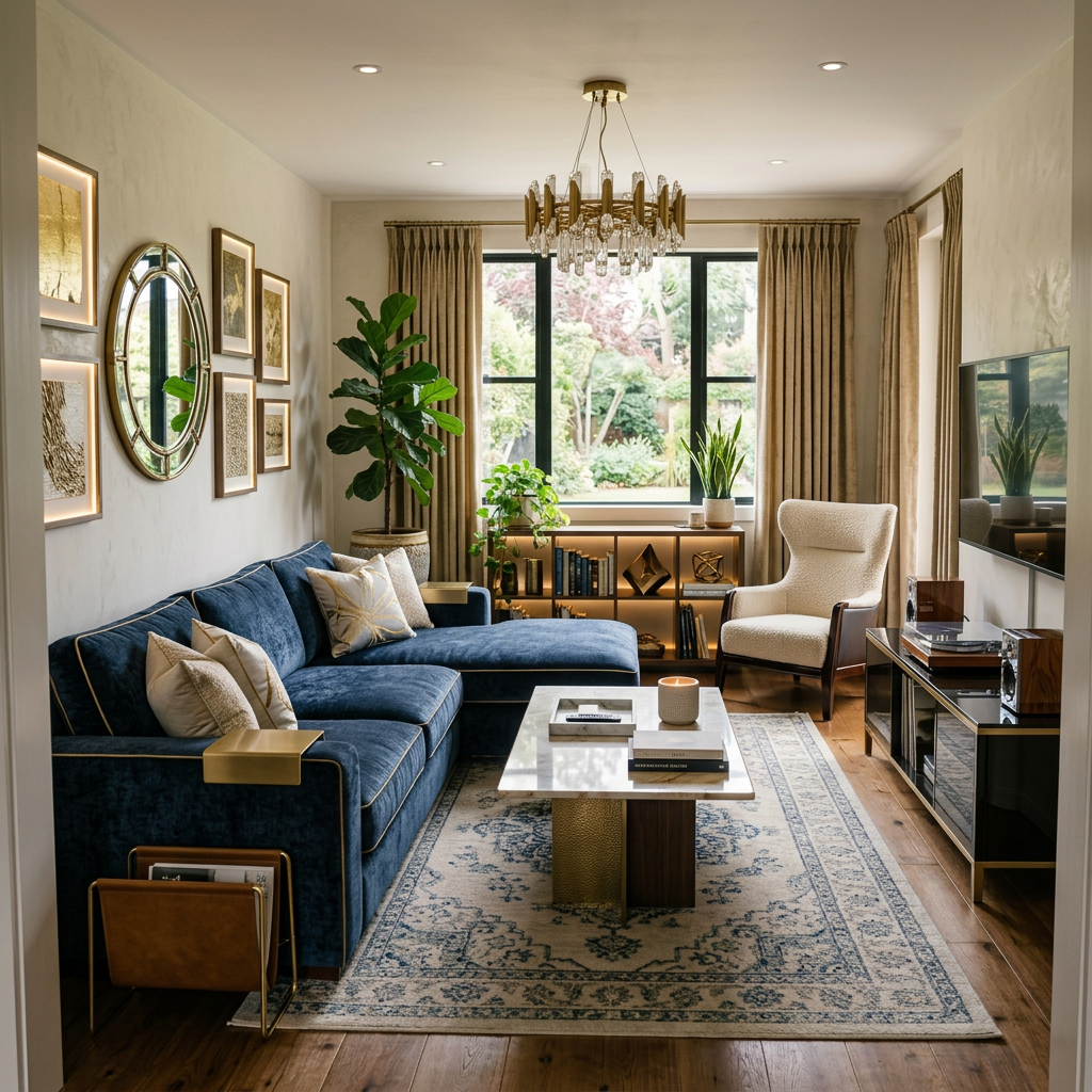 Bright living room with gray sofa, plants, coffee table, and garden view