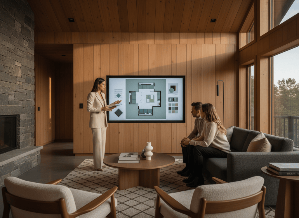 A sophisticated editorial interior-design photograph: an interior designer presenting a home design concept on a large television screen inside a warm modern wooden cabin, speaking to a couple seated together and attentively viewing the screen. Cozy architectural interior, natural wood, refined neutral furnishings, soft evening light, premium lifestyle magazine aesthetic, realistic photography, no readable text, no logos.