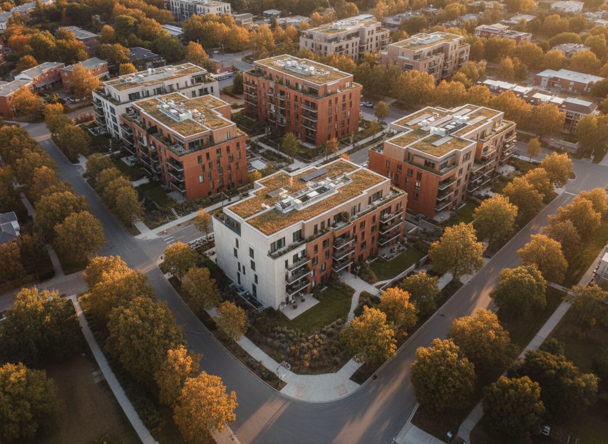Aerial view of modern residential buildings at golden hour
