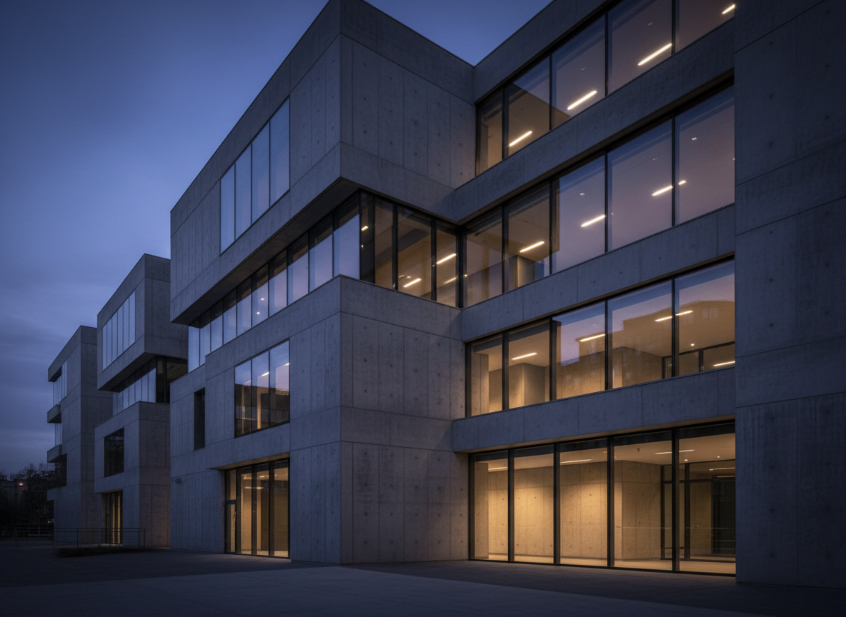 Modern concrete and glass building facade at dusk with dramatic shadows