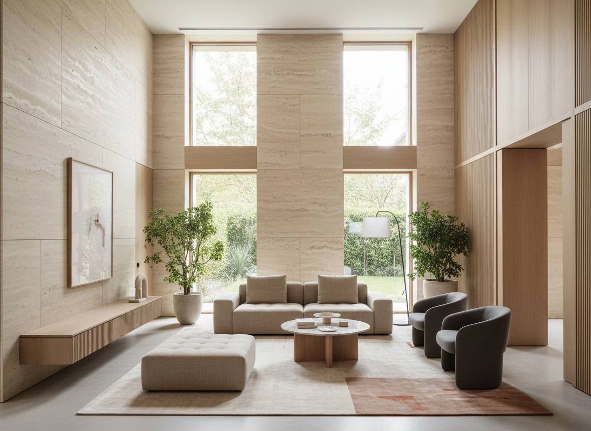 Warm minimalist interior living space with oak and stone details