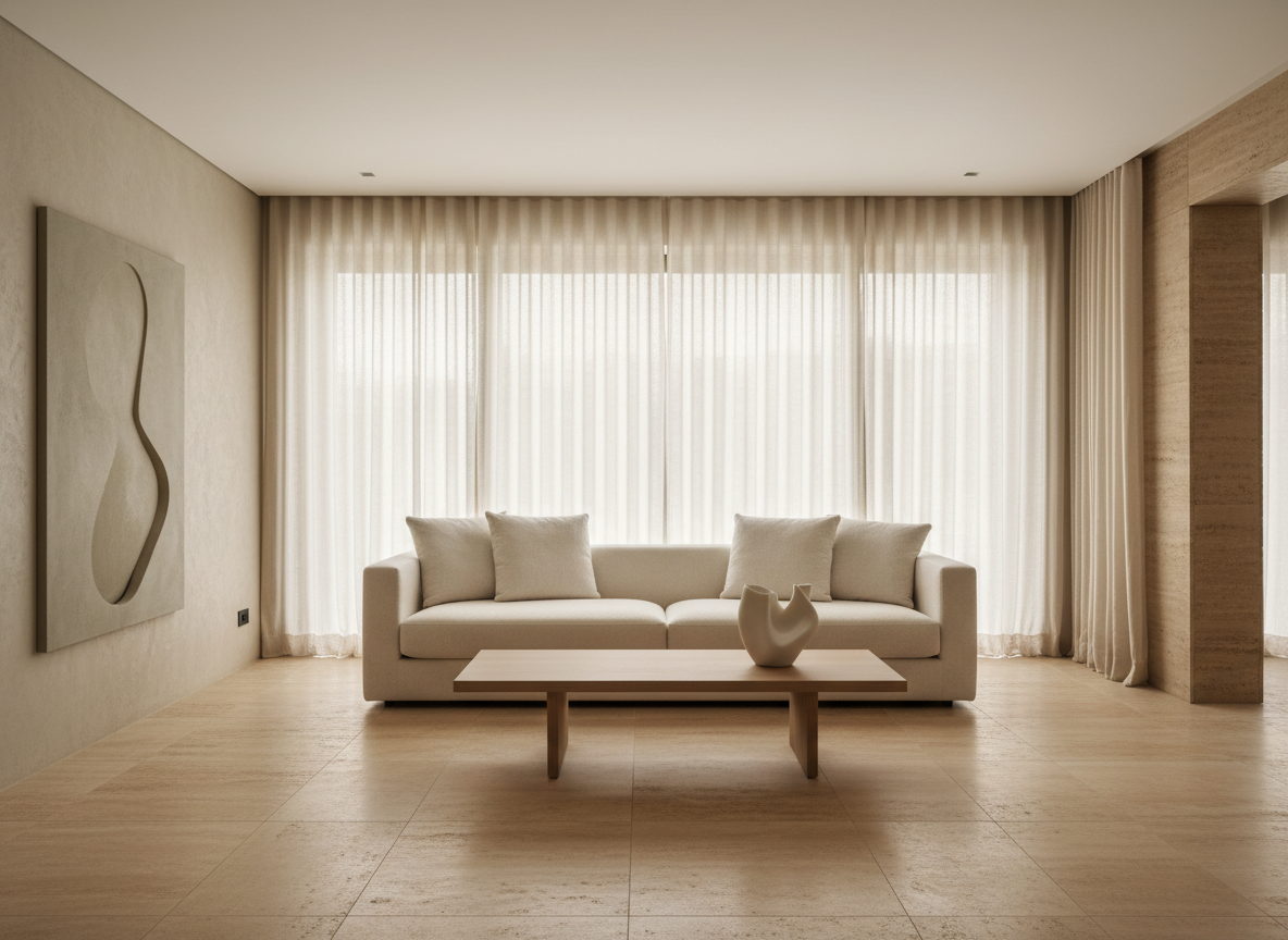 Sun-drenched luxury living room with floor-to-ceiling windows, cream boucle sofa, and warm travertine floors